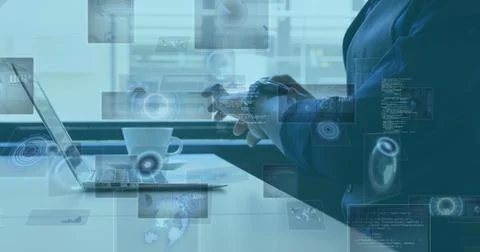 Image of scopes scanning and data processing on screens over man using laptop 스톡 사진