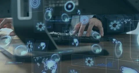 Image of scopes scanning and data processing on screens over man using computer Stock Photos