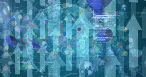 Image of scopes scanning and data processing on screens over globe and arrows 스톡 사진