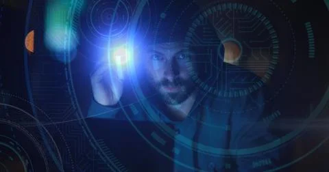Image of scopes scanning and glowing spotlights over hacker with electric torch Stock-Fotos