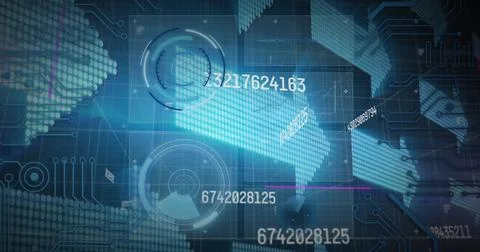 Image of scopes scanning, data processing with glowing arrows on blue background Illustrazione stock