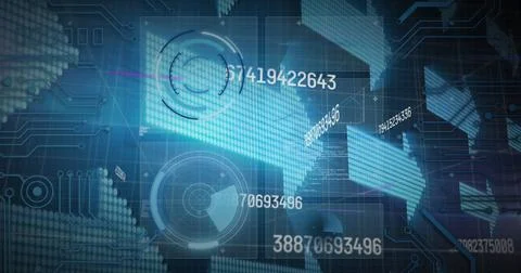 Image of scopes scanning, data processing with glowing arrows on blue background Illustrazione stock