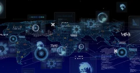 Image of scopes scanning, data processing and markers over world map Stock Illustration