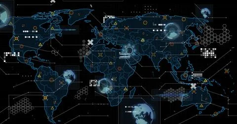 Image of scopes scanning, data processing and markers over world map イラスト素材