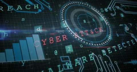 Image of scopes scanning, data processing and cyber attack warning over blue Foto stock