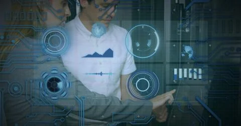Image of scopes scanning, data processing over caucasian it man and woman fixing Foto stock