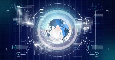 Image of scopes scanning, globe and data processing on digital screen Illustrazione stock