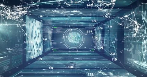 Image of scopes scanning with globe of connections and data processing on 스톡 일러스트