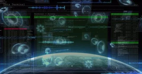 Image of scopes scanning on screens with data processing over planet earth 스톡 일러스트