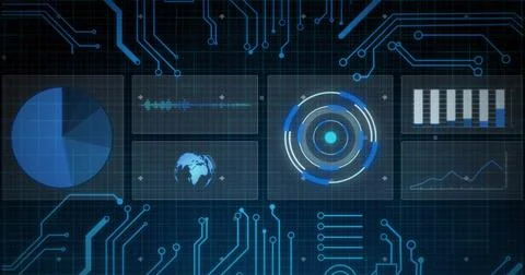 Image of scopes scanning, statistics recording and data processing over blue Stock Illustration