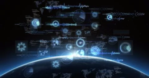 Image of scopes scanning, world map, data processing on screens over globe with 스톡 일러스트