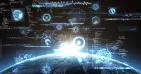 Image of scopes scanning, world map, data processing on screens over globe with Illustrazione stock