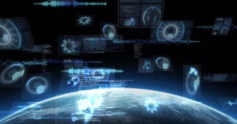 Image of scopes scanning, world map, data processing on screens over globe with Stock Illustration