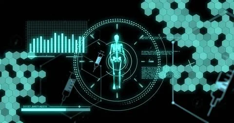 Image of scopes, skeleton and scientific data processing over black background Stock Illustration