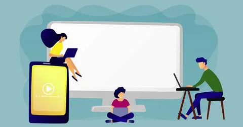 Image of screen and people using electronic devices networking Stock Illustration