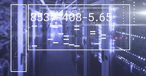 Image of screen with changing numbers and lines with lens flares over server Illustrazione stock