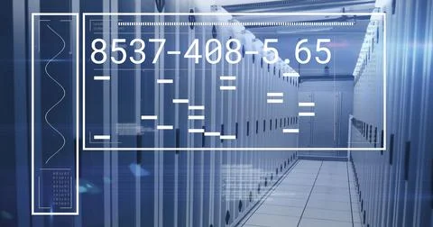 Image of screen with changing numbers over data racks in server room Stock Photos