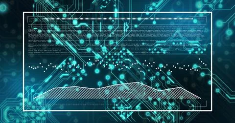 Image of screen with computer language and graphs over electronic circuit board Foto stock