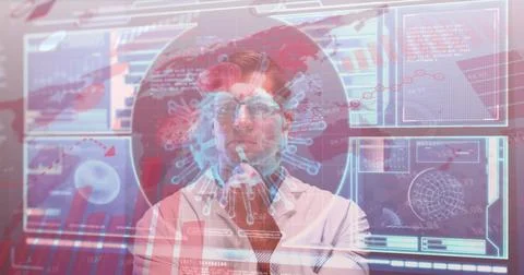 Image of screen with covid 19 cell and medical data processing over male doctor Foto stock
