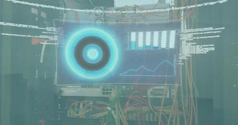 Image of screen with data processing over computer server Foto stock