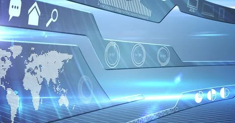 Image of screen with data processing with world map Stock Illustration