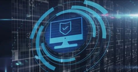 Image of screen with digital shield in circle over lights and data Stock Photos