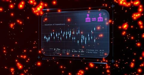 Image of screen with financial data processing over flames on black background Foto stock