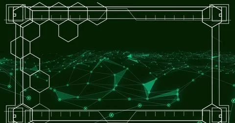 Image of screen with hexagons and network of connections over green background Illustrazione stock