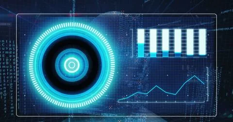 Image of screen with illuminated circle and graphs over programming language Stock Photos