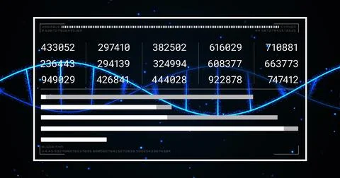 Image of screen with loading bars and changing numbers over illuminated dots and Stock Photos