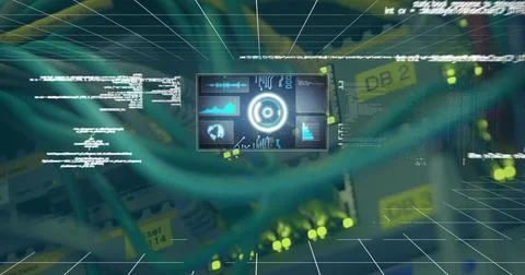Image of screen with scope scanning and data processing over close up of Illustrazione stock