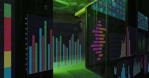 Image of screen with statistical data processing against computer server room Foto stock