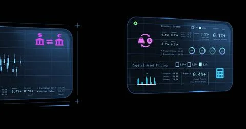 Image of screens with banking data over black background Stock Photos
