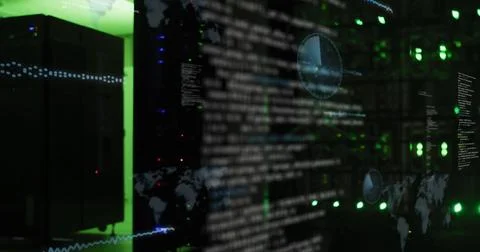 Image of screens with data processing against computer server room Illustrazione stock