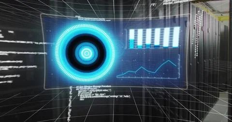 Image of screens with data processing against computer server room Stock Photos