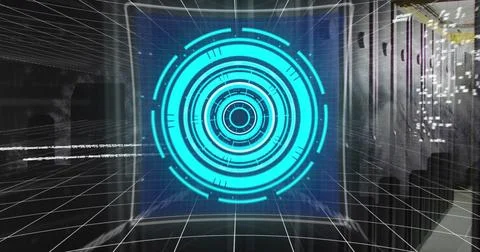 Image of screens with data processing against computer server room Foto stock