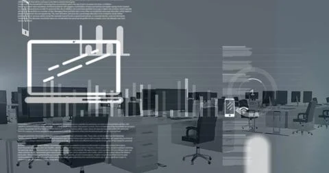Image of screens with data processing against empty office Stock Photos