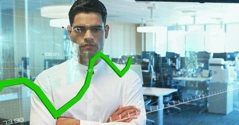 Image of screens with data processing against biracial man with arms crossed 스톡 사진