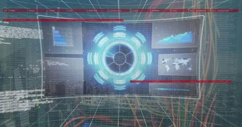 Image of screens with data processing against close up of a computer server Foto stock