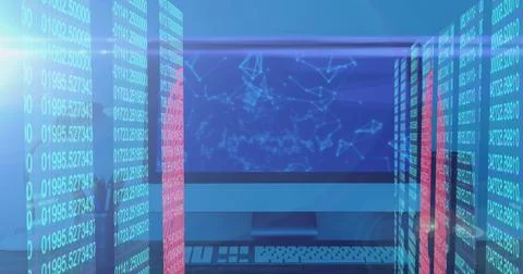 Image of screens with data processing and desktop computer screen with plexus Foto stock