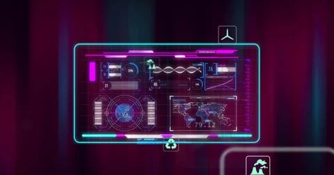 Image of screens with data processing on dark background 스톡 일러스트