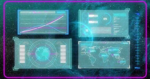 Image of screens with data processing over globe on dark background Illustrazione stock