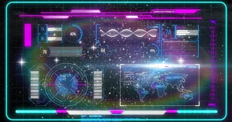 Image of screens with data processing over world map on dark background Stock Illustration