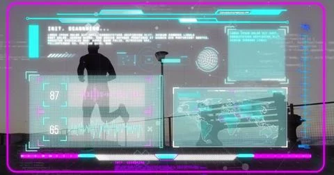 Image of screens with data processing over african american man running Illustrazione stock