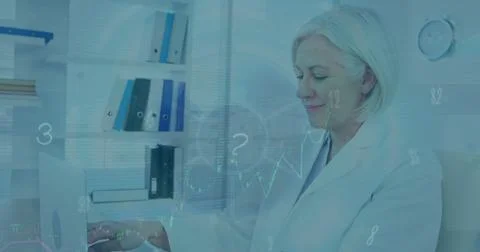Image of screens of data processing over caucasian senior female doctor using Stock Illustration