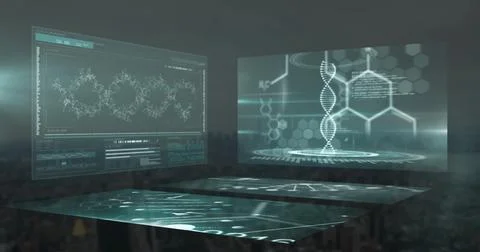 Image of screens with data processing over cityscape Stock Illustration