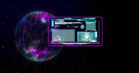 Image of screens with data processing over globe on dark background 库存照片