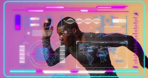 Image of screens with data processing over african american man running Stock Photos