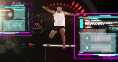 Image of screens with data processing over african american man running Stock Photos
