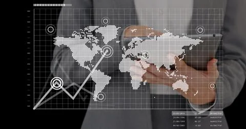 Image of screens with data processing over businessmen using tablet Stockfoto's